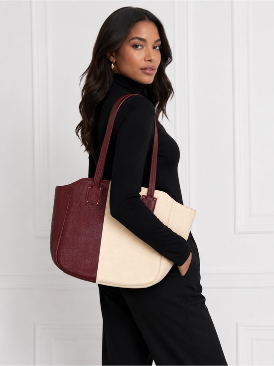Splendid Handbags - Splendid Large Colorblock Leather Tote Shoulder Bag Burgundy Cream Discontinued